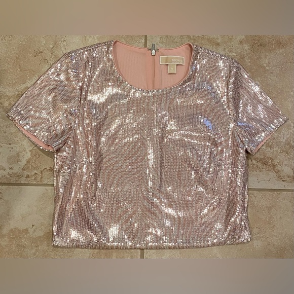 Michael Kors Sparkling Sequins Over Pink Zebra Print Sequin Crop Top - Size M - Picture 3 of 15
